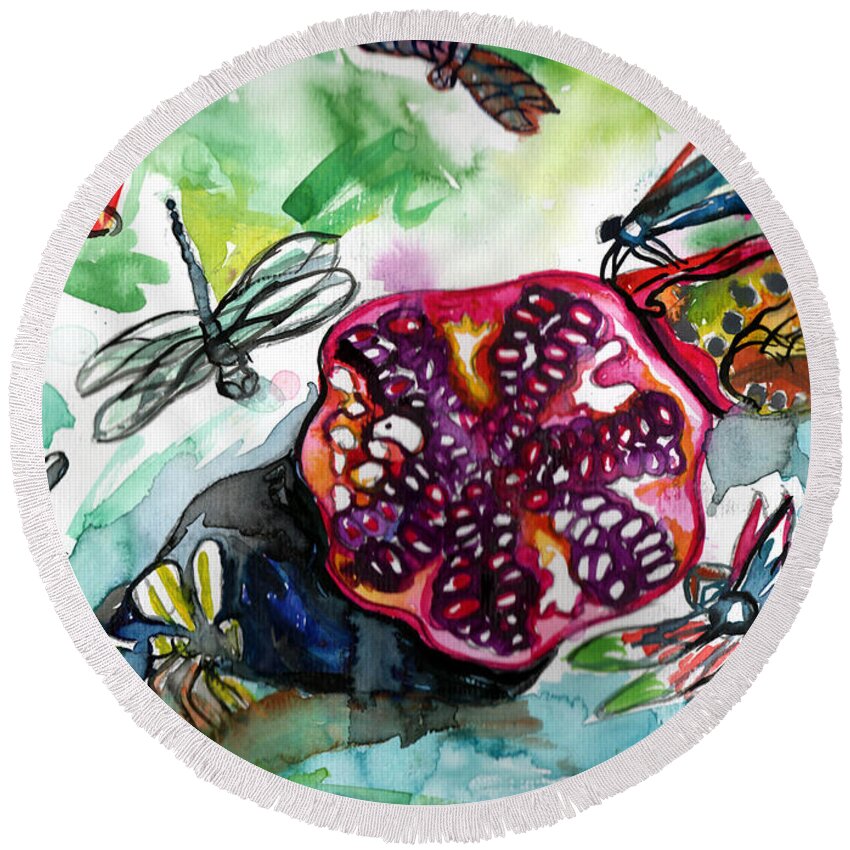 Pomegranate Round Beach Towel featuring the painting Pomegranate and Dragonflies by Genevieve Esson