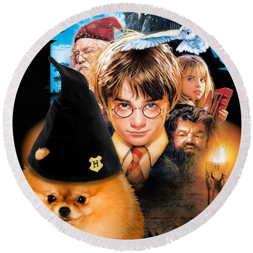 Pomeranian Round Beach Towel featuring the painting Pomeranian Art Canvas Print - Harry Potter Movie Poster by Sandra Sij