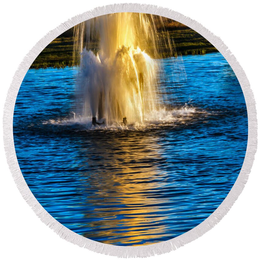 Pond Round Beach Towel featuring the photograph Pond Fountain by Robert Bales