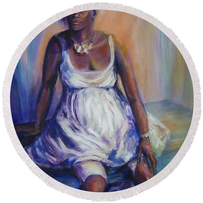 African American Round Beach Towel featuring the painting Pondering The Future by Jodie Marie Anne Richardson Traugott     aka jm-ART