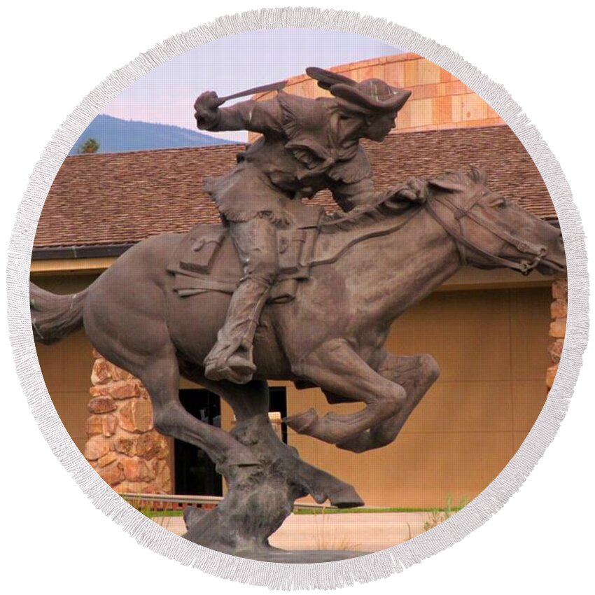 Statues Round Beach Towel featuring the photograph Pony Express Statue by John Malone