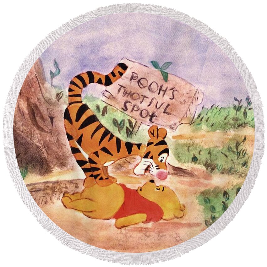Winnie The Pooh Round Beach Towel featuring the painting Pooh Bear Got Bounced by Denise Railey