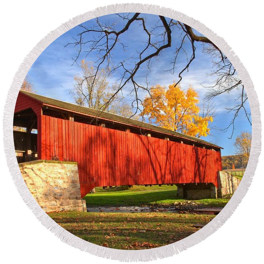Poole Forge Covered Bridge Round Beach Towel featuring the photograph Poole Forge Covered Bridge - Lancaster County by Adam Jewell