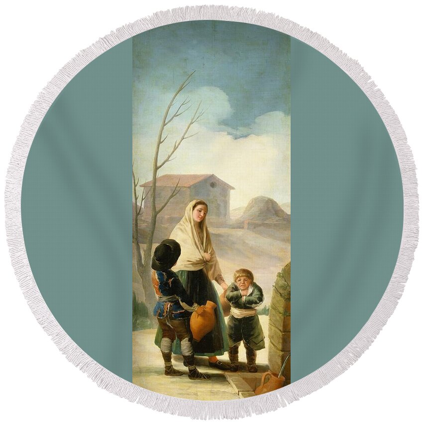 1786-1787 Round Beach Towel featuring the painting Poor Children at the Well by Francisco Goya