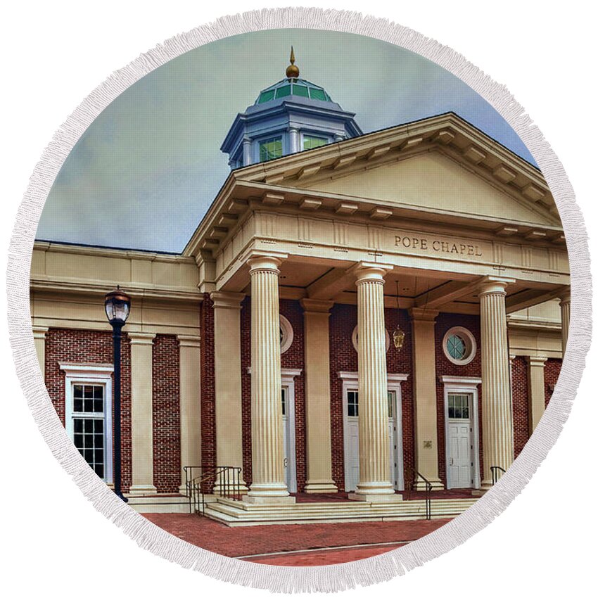 Cnu Round Beach Towel featuring the photograph Pope Chapel at Christopher Newport University by Jerry Gammon