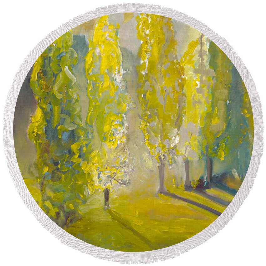 Impressionist Round Beach Towel featuring the painting Poplars in the Morning by Lynn Hansen