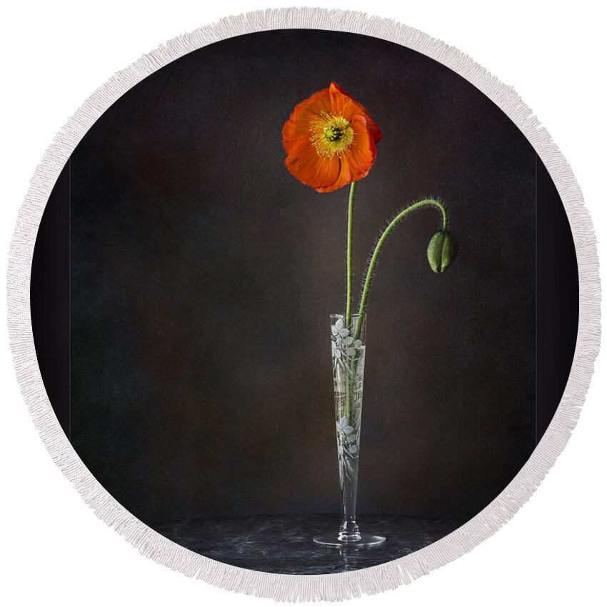 Flower Round Beach Towel featuring the photograph Poppy In Vase by Endre Balogh