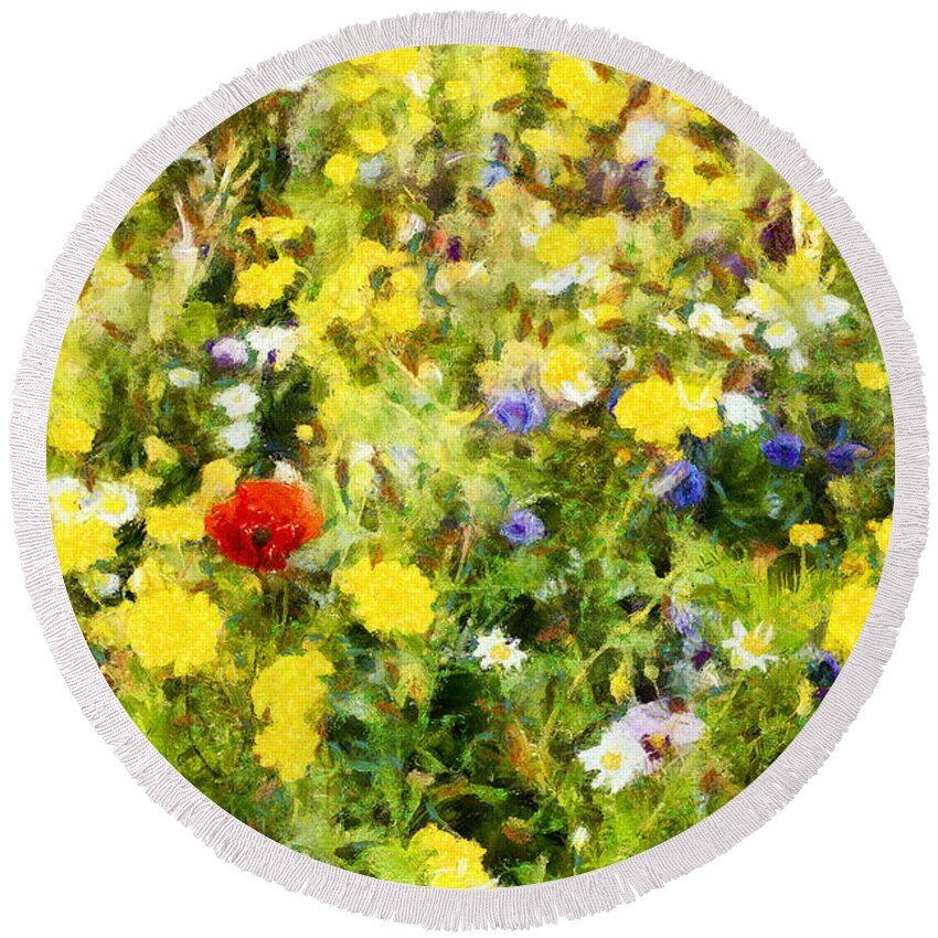 Poppy Round Beach Towel featuring the photograph Poppy in wildflowers by Nigel R Bell