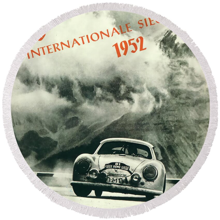 Porsche Round Beach Towel featuring the digital art Porsche 1952 Internationale Siege Rally by Georgia Clare