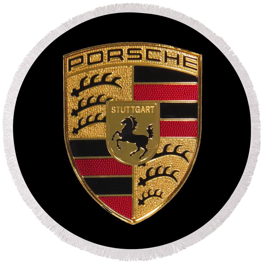Porsche Round Beach Towel featuring the photograph Porsche Emblem - Black by Scott Cameron