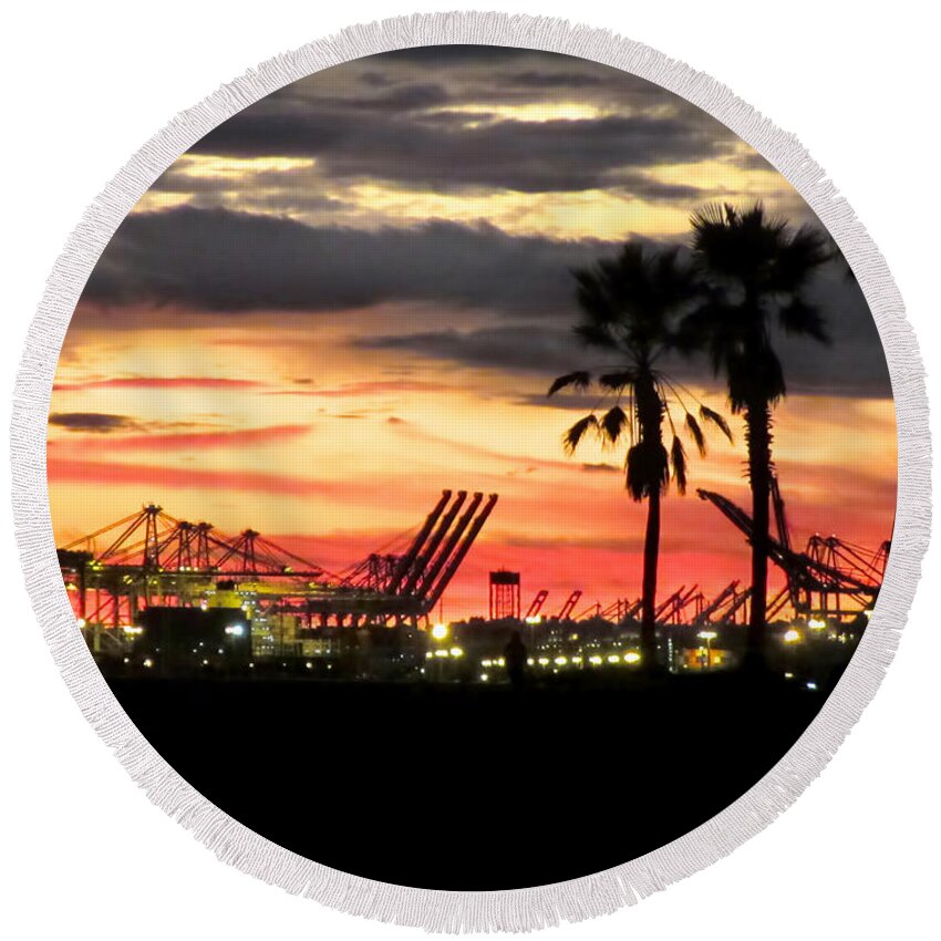 Port Of Long Beach Round Beach Towel featuring the photograph Port of Long Beach by Jennie Breeze