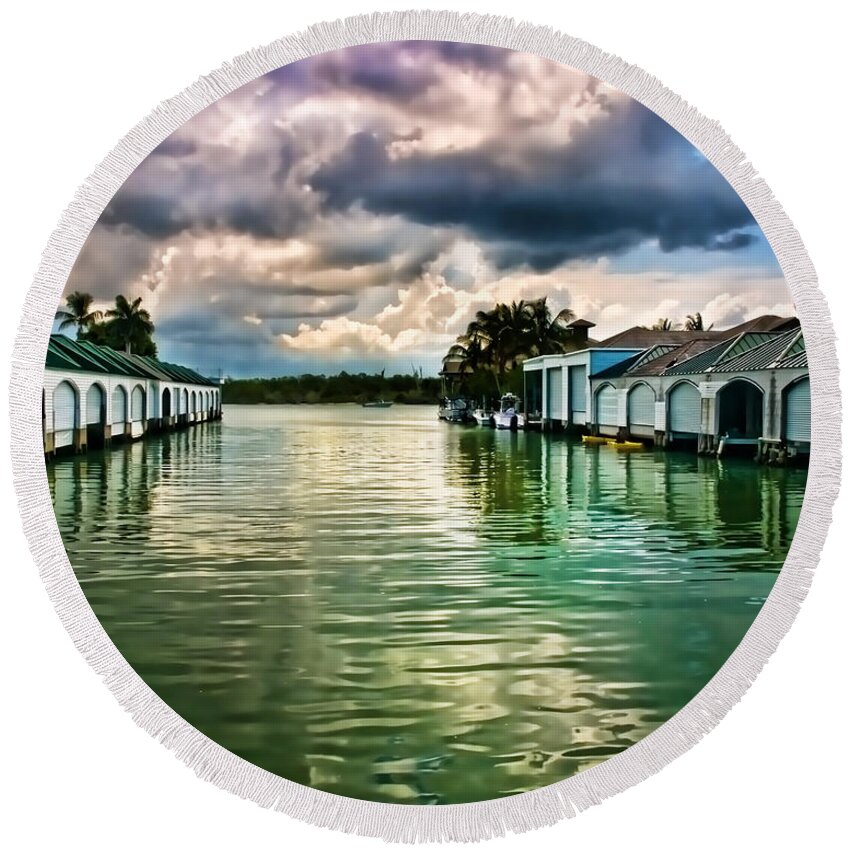 Port Royal Naples Florida Waterfront Round Beach Towel featuring the photograph Storm Clouds Over Port Royal Boathouses in Naples by Ginger Wakem