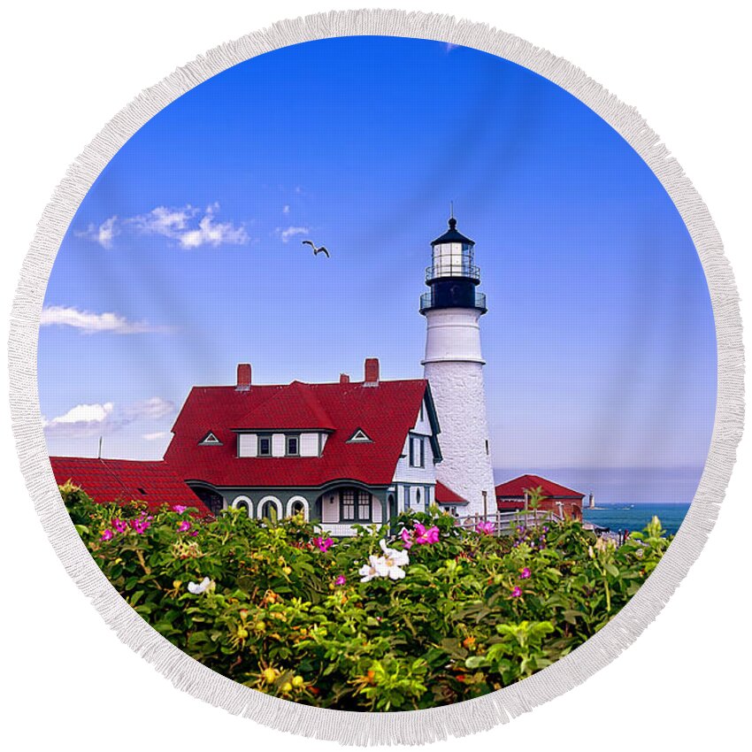 Maine Round Beach Towel featuring the photograph Portland Head Light and Roses by Mitchell R Grosky