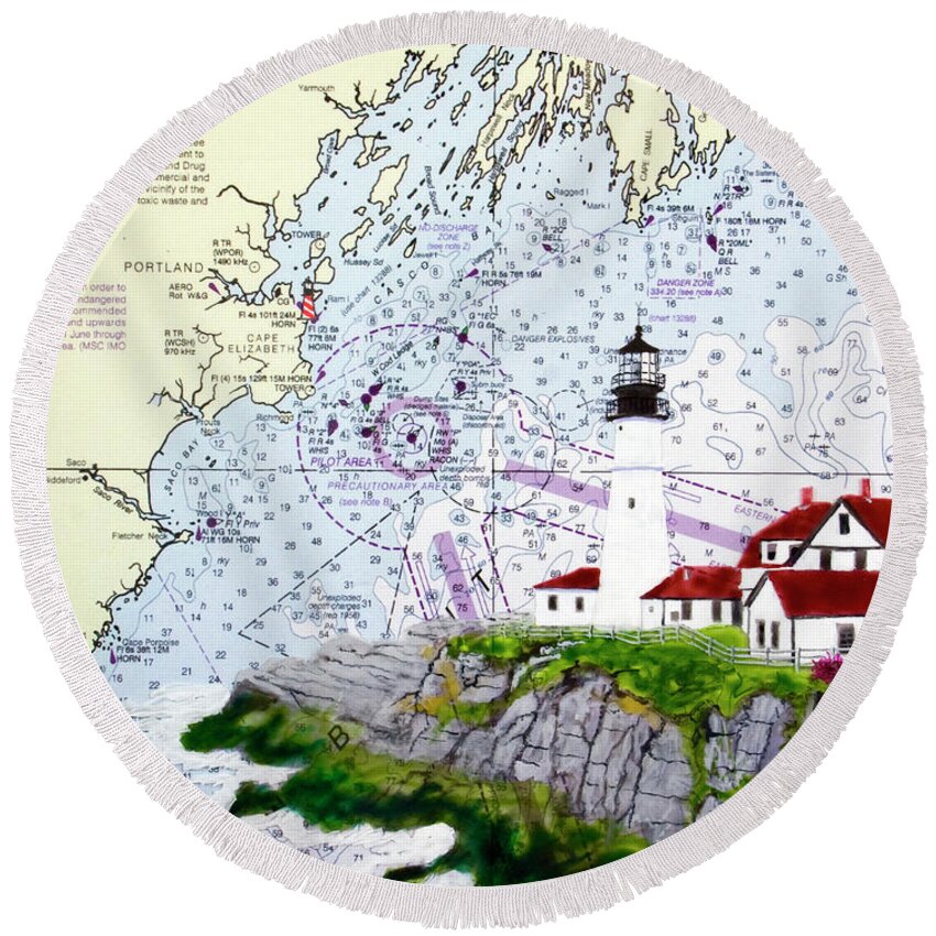 Portland Round Beach Towel featuring the painting Portland Head Lighthouse and NOAA Nautical Chart by Mike Robles