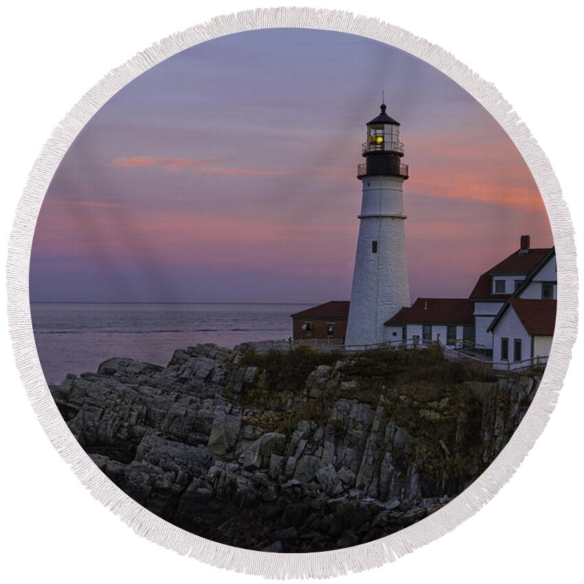Sunset Round Beach Towel featuring the photograph Portland Head Lighthouse Sunset by Dave Files