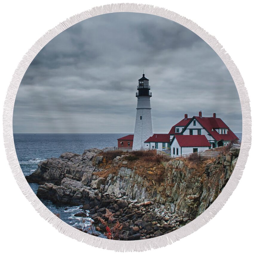 Lighthouse Round Beach Towel featuring the photograph Portland Headlight 14440 by Guy Whiteley