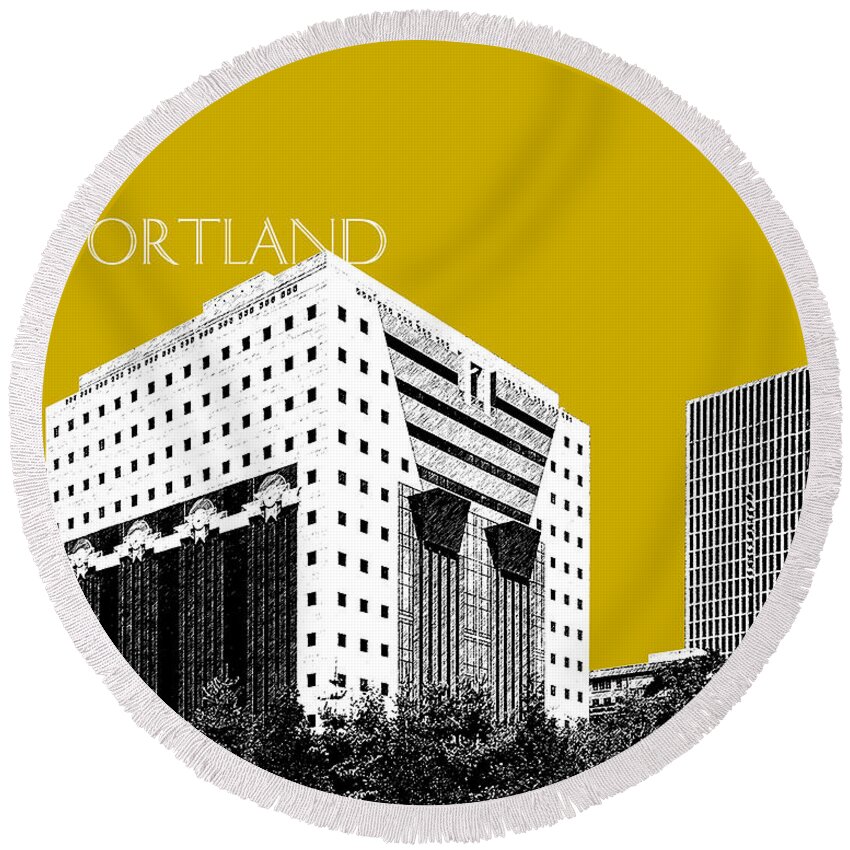 Architecture Round Beach Towel featuring the digital art Portland Skyline Ficha Building - Gold by DB Artist