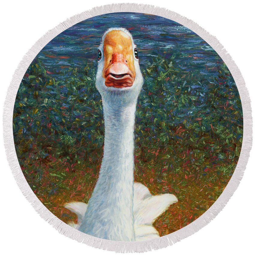 Goose Round Beach Towel featuring the painting Portrait of a Goose by James W Johnson