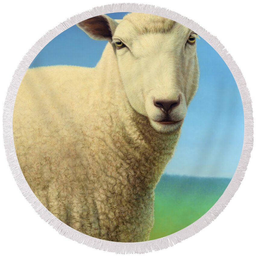 #faatoppicks Round Beach Towel featuring the painting Portrait of a Sheep by James W Johnson