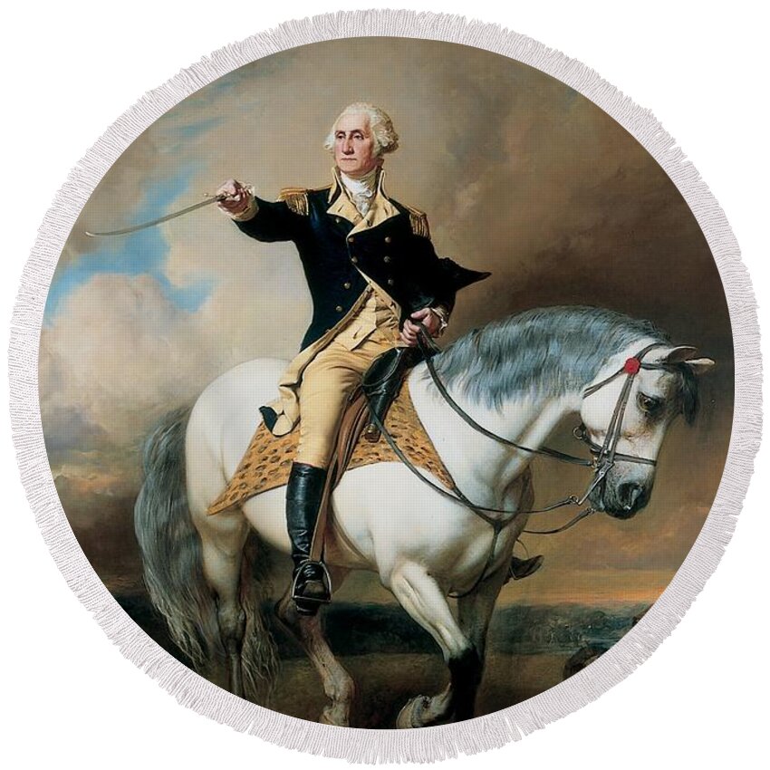 Portrait; War; Full Length; Equestrian; Salute; Saluting; Trenton; History; Historical; Heroic; Horse; Mounted; Horseback; Riding; Commander; Independence; President; Politician; Statesman; Us; Usa; United States; America; American; Leader; George Washington; Landscape; Sword; Uniform; Uniformed; Dramatic; Leadership; Strength; Power; 18th Round Beach Towel featuring the painting Portrait of George Washington Taking The Salute At Trenton by John Faed