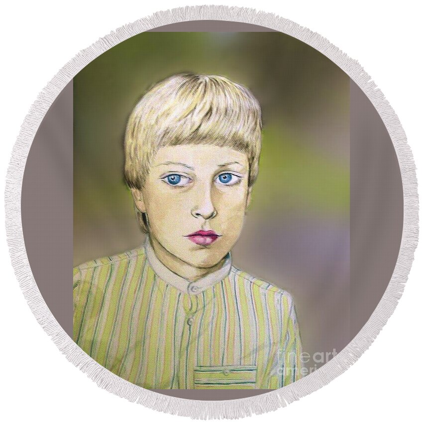 Portrait Round Beach Towel featuring the painting Portrait of Justin age 9 by Joan-Violet Stretch
