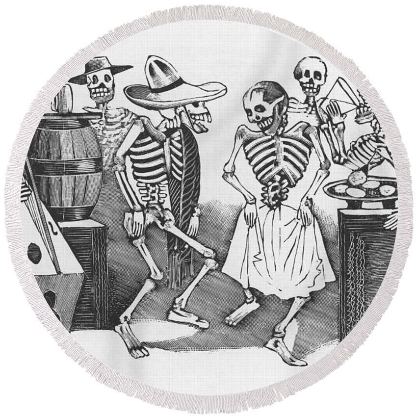 19th Century Round Beach Towel featuring the drawing Happy Dance and Wild Party of All the Skeletons by Jose Guadalupe Posada