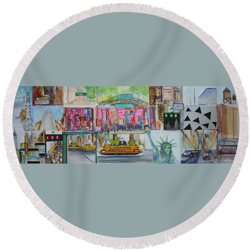 New York Round Beach Towel featuring the painting Postcards From New York City by Jack Diamond