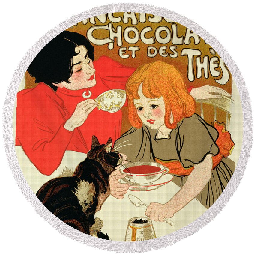 Chocolates Round Beach Towel featuring the drawing Poster Advertising The French Company by Theophile Steinlen
