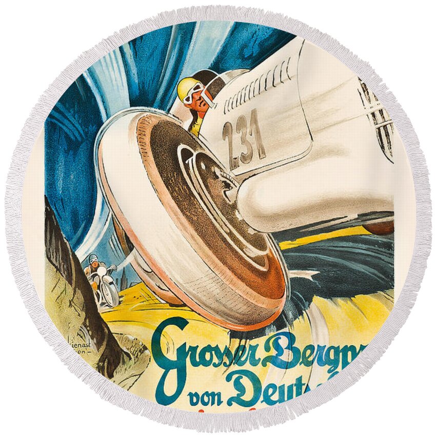 Motor Racing Round Beach Towel featuring the painting Poster advertising the Grosser Bergpreis Grand Prix by German School