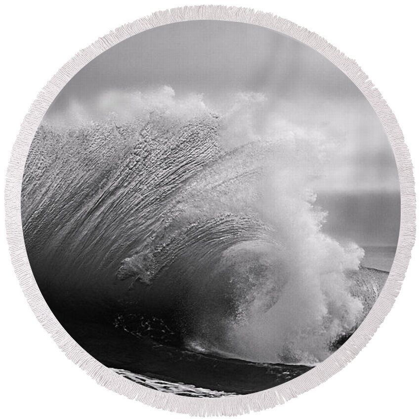 Beach Round Beach Towel featuring the photograph Power in the Wave BW By Denise Dube by Denise Dube