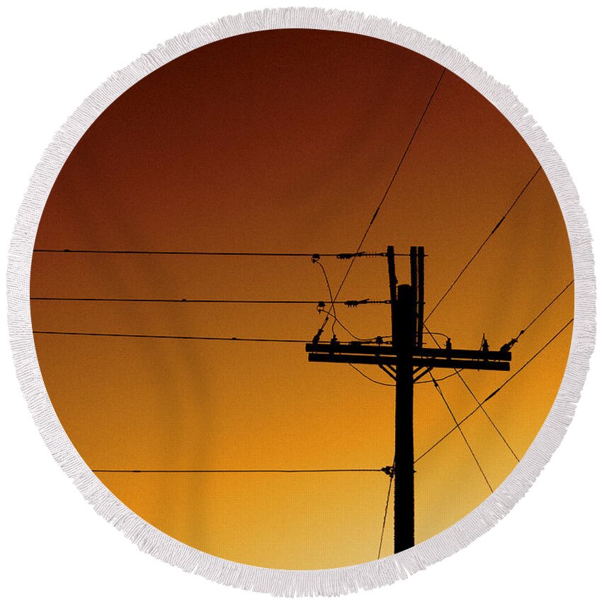 Power Lines Round Beach Towel featuring the photograph Power Line Sunset by Don Spenner