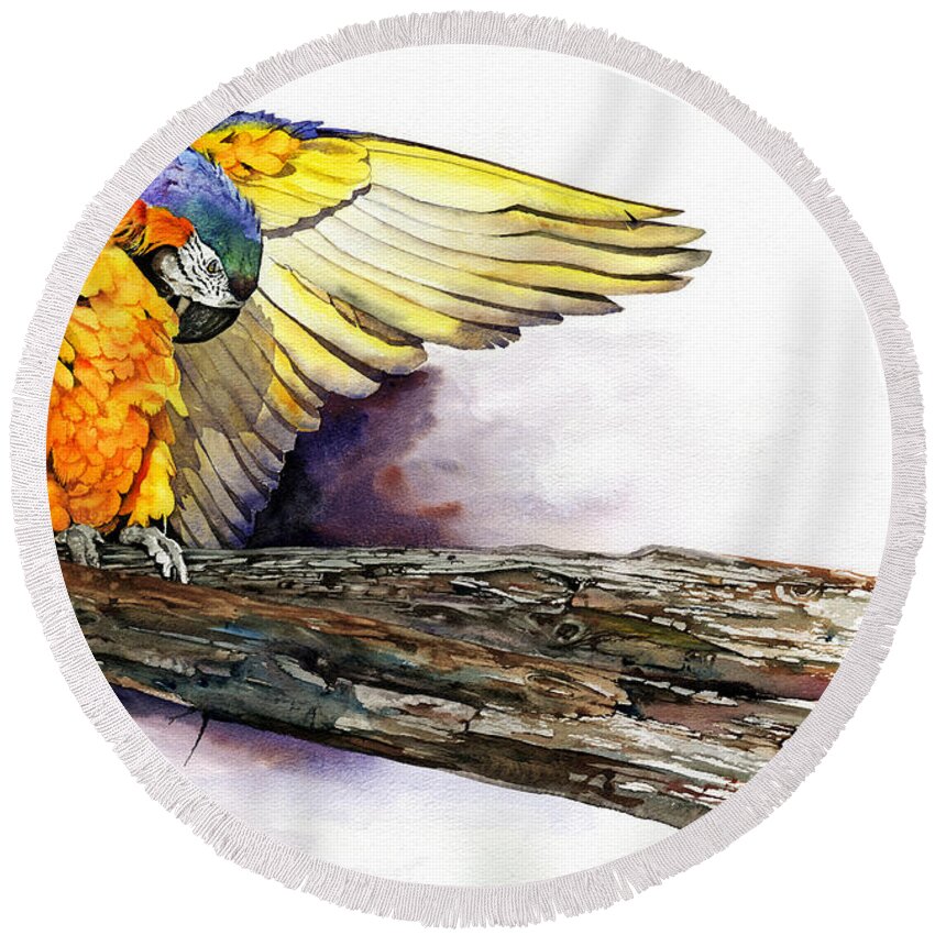 Parrot Round Beach Towel featuring the painting Pre-Flight Check by Peter Williams