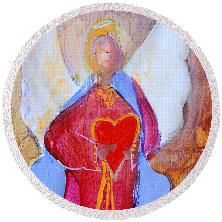 Angel. Heart Round Beach Towel featuring the painting Precious Heart Angel by Robin Pedrero