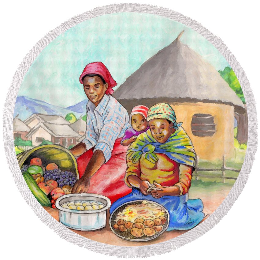Food Round Beach Towel featuring the painting Preparing Food by Anthony Mwangi