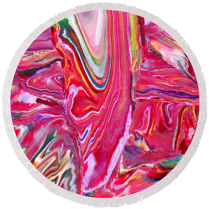 Abstract Round Beach Towel featuring the mixed media Pretty in Pink by Deborah Stanley