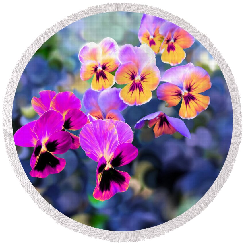 Violet Round Beach Towel featuring the painting Pretty Pansies 3 by Bruce Nutting