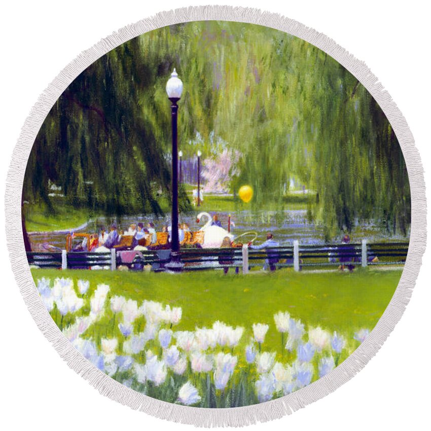Boston Public Garden Round Beach Towel featuring the painting Public Garden Outing by Candace Lovely
