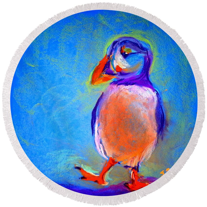 Puffin Round Beach Towel featuring the painting Funky Puffin Dancing by Sue Jacobi
