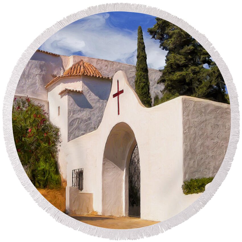 Puig De Missa Round Beach Towel featuring the painting Puig de Missa Church Ibiza by Dominic Piperata