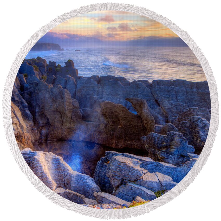 Rock Round Beach Towel featuring the photograph Punakaiki Pancake Rocks by Alexey Stiop