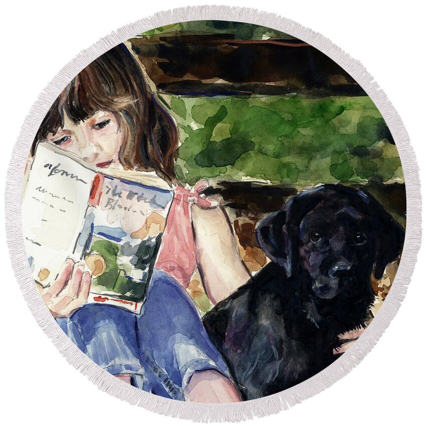 Black Lab Puppy Round Beach Towel featuring the painting Pup and Paperback by Molly Poole