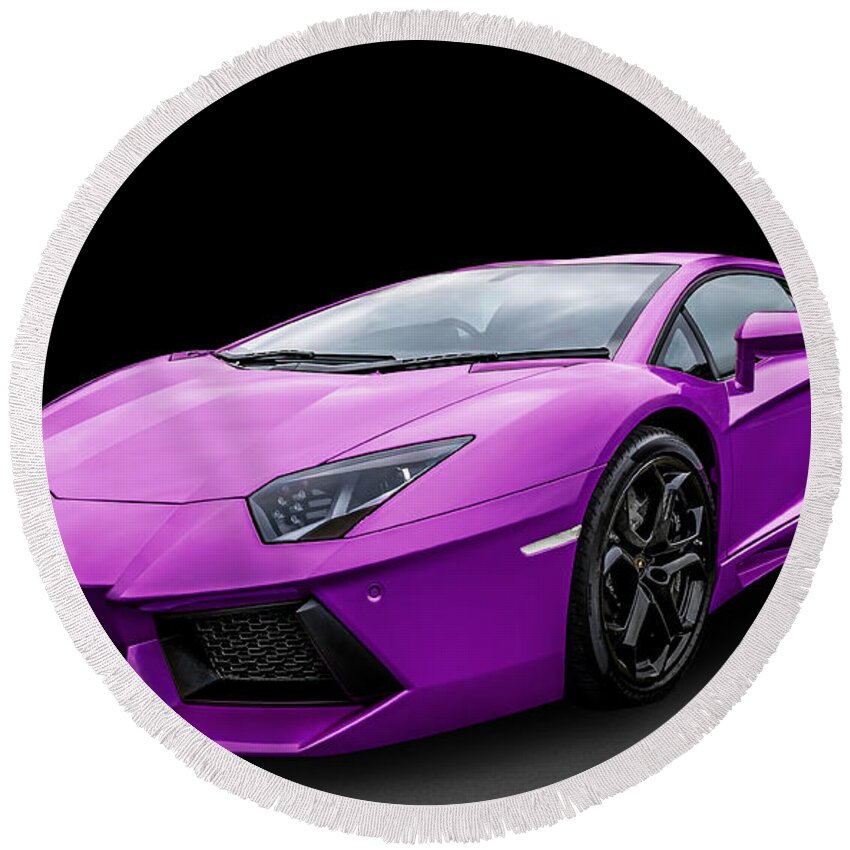 Lamborghini Round Beach Towel featuring the photograph Purple Aventador by Matt Malloy