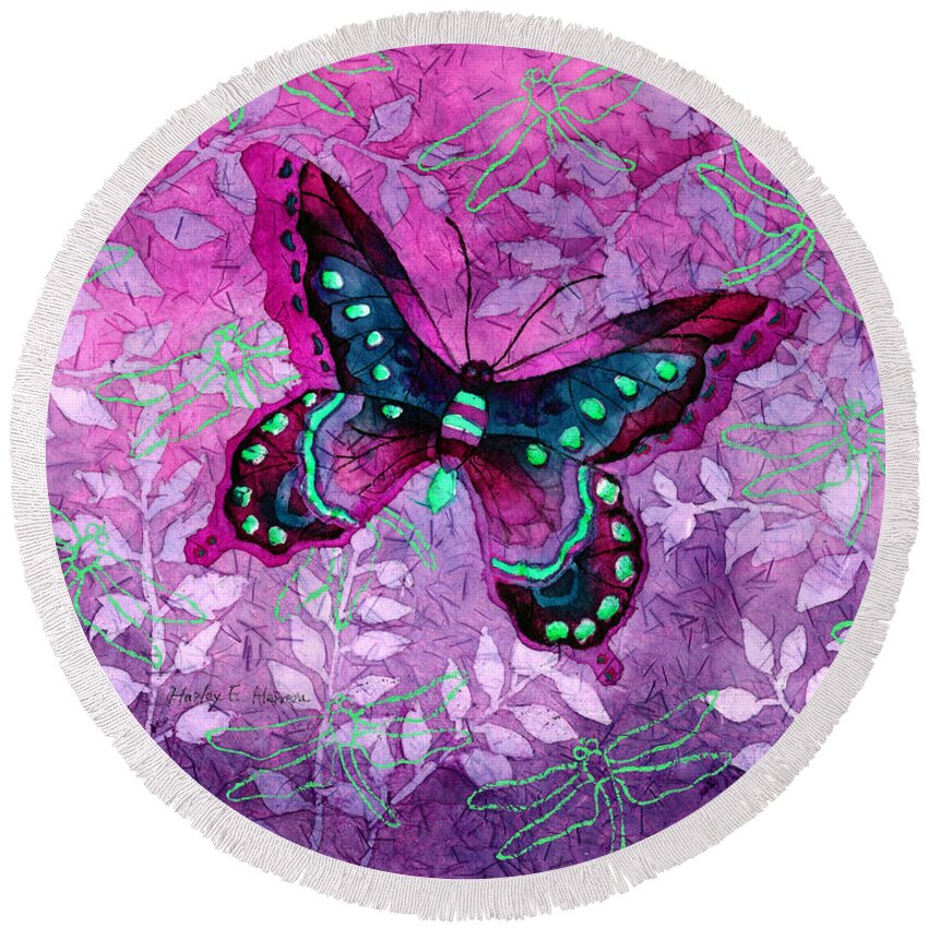 Butterfly Round Beach Towel featuring the painting Purple Butterfly by Hailey E Herrera