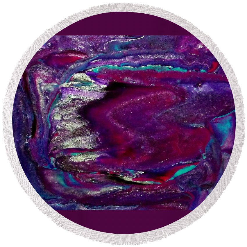 Abstract Round Beach Towel featuring the mixed media Purple Craze by Deborah Stanley