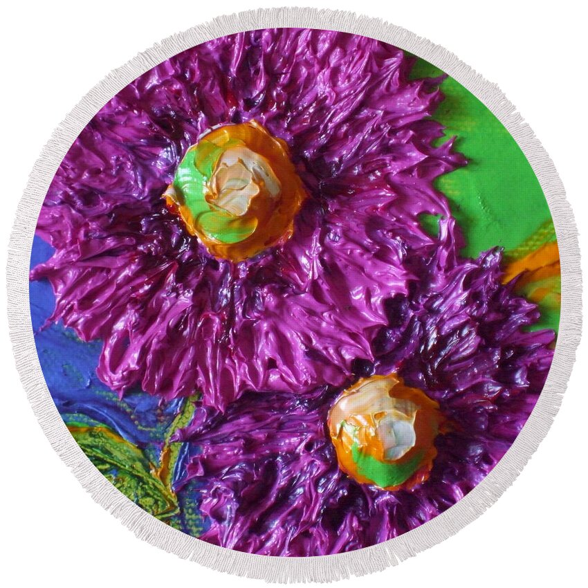 Purple Round Beach Towel featuring the painting Purple Asters #1 by Paris Wyatt Llanso