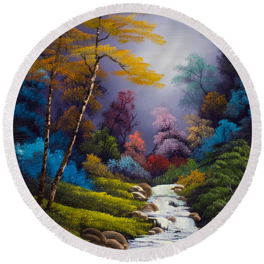 Landscape Round Beach Towel featuring the painting Forest Fantasy by Chris Steele