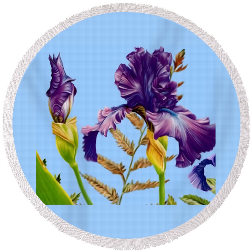Purple Iris Round Beach Towel featuring the mixed media Purple Iris by Anthony Seeker