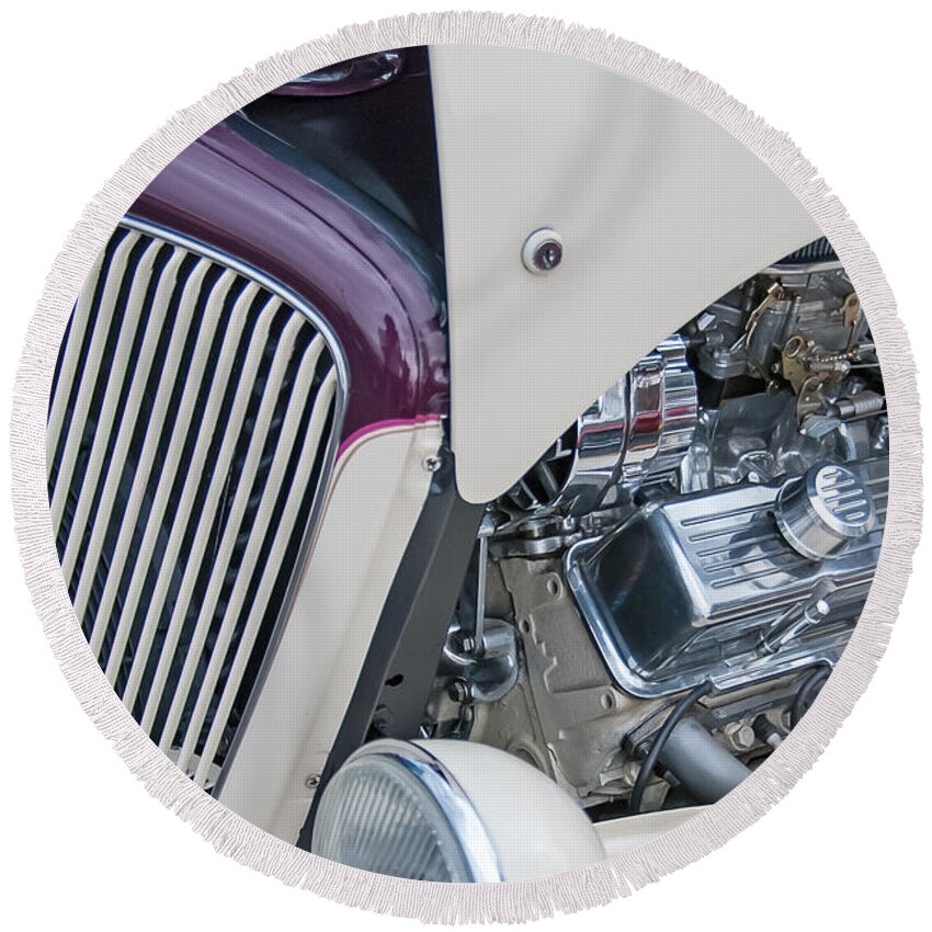 Automobiles Round Beach Towel featuring the photograph Purple White And Chrome by Robert VanDerWal