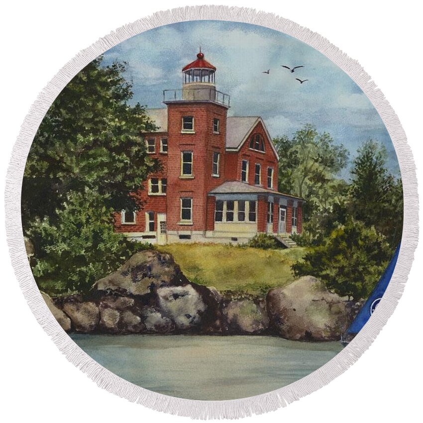 Put In Bay Lighthouse Painting Round Beach Towel featuring the painting Put-In-Bay Lighthouse by Terri Meyer