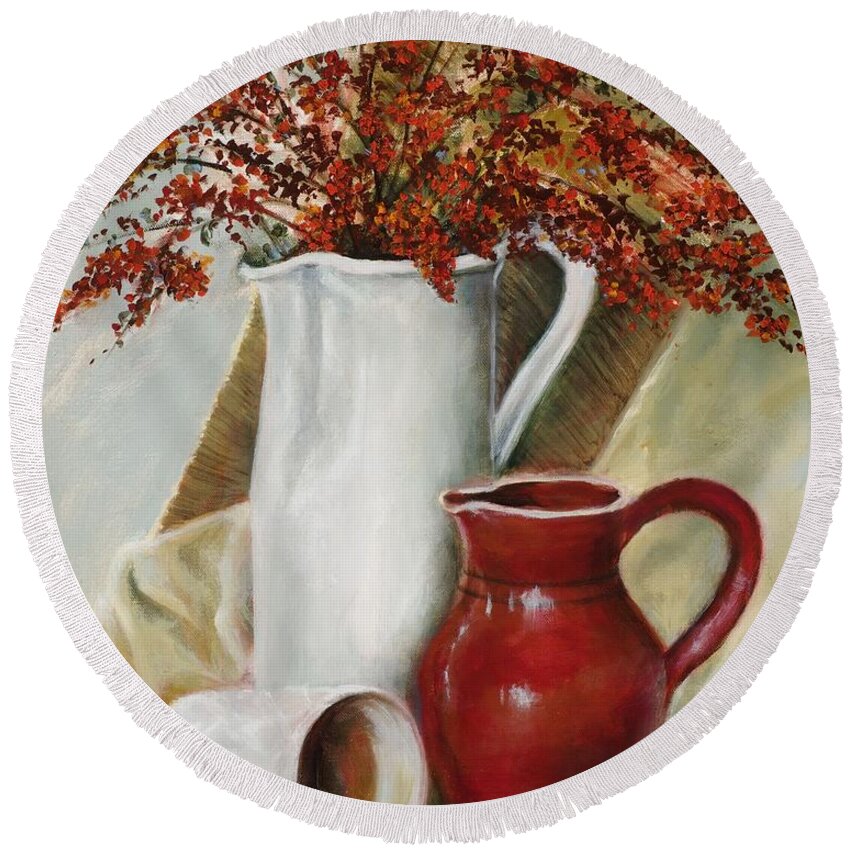 Still Life Round Beach Towel featuring the painting Pyracantha by Cynthia Parsons